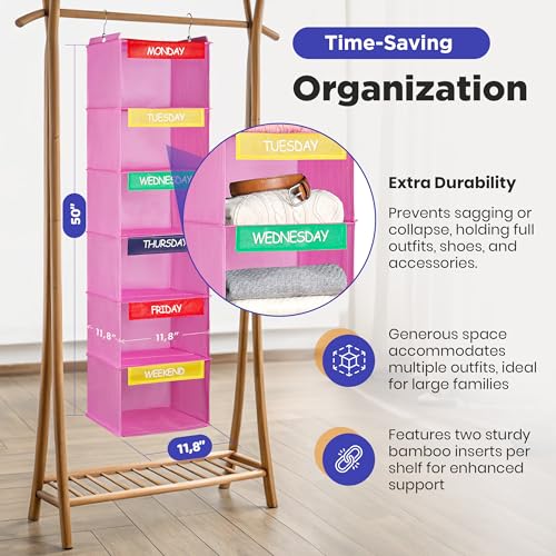 Weekly Hanging Closet Organizer for Kids with Bamboo Shelves, Pink