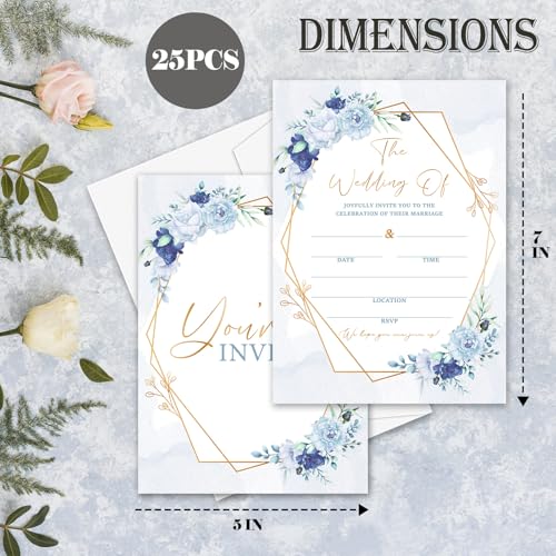 Dusty Blue Floral Wedding Invitations, 5x7 Elegant Rose Invites (25 Pack)