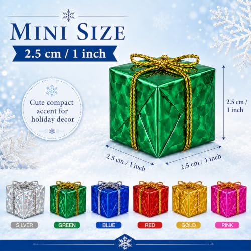 36Pcs Mini Christmas Tree Ornaments Set - 1 Inch Foil Gift Boxes with Hanging Rope