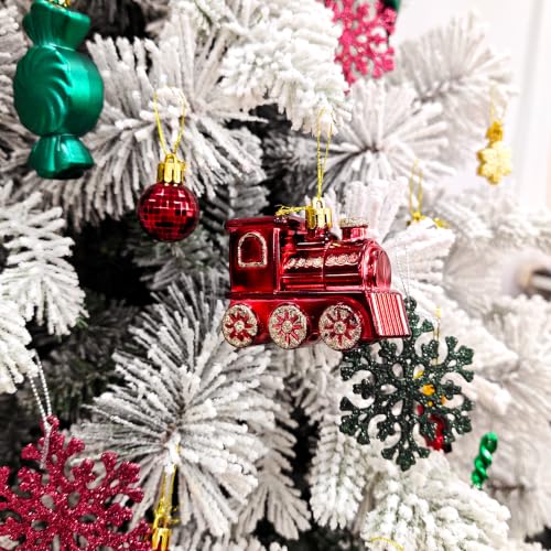 82-Piece Christmas Ornament Set - Red Green Gold Assorted Plastic Ball, Snowflakes, Icicles & Train Decorations