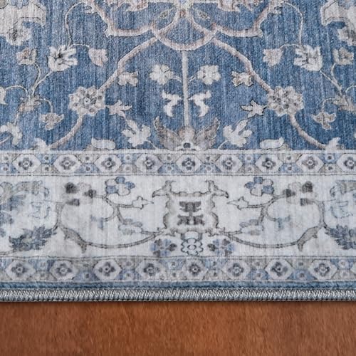 2-Piece Washable Chenille Rug Set, Geometric Print, Non-Slip, Blue/Taupe
