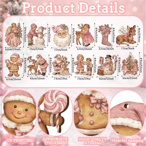 Huwena 36Pcs Pink Christmas Tree Ornaments - Vintage Snowman, Angel, Gingerbread & Santa