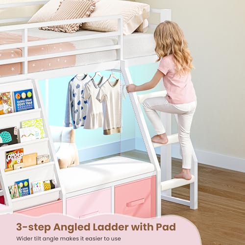 Kids Loft Bed with Storage Drawers, Reading Nook & LED Lights, White & Pink