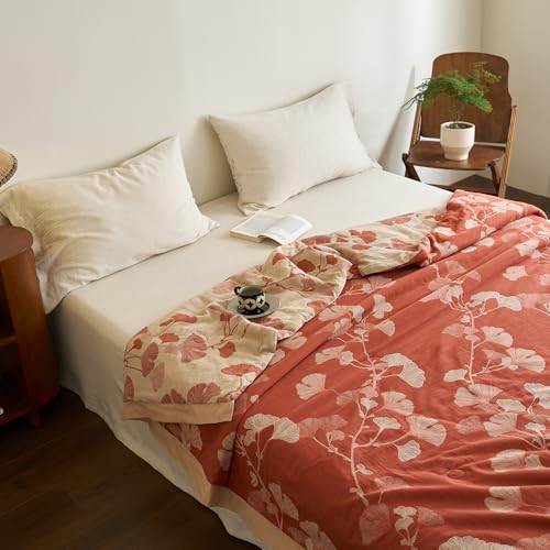Reversible 100% Cotton Muslin Quilt - Ginkgo Leaf Floral Design, Queen