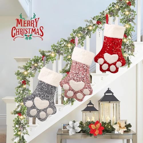 Set of 3 Multicolor Paw Christmas Stockings 18'' - Sparkling Sequin Pet Holiday Decor
