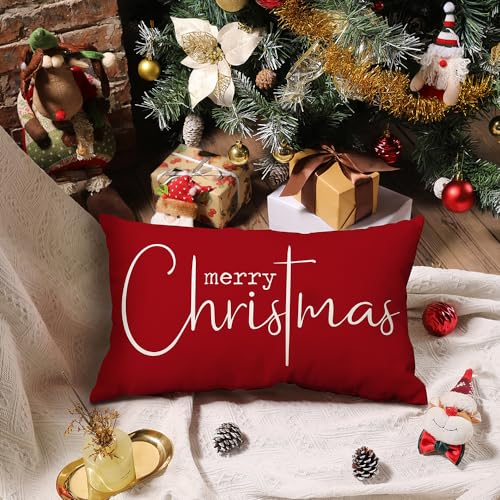 Allorry Christmas Pillow Cover 12x20 Inches Red Cotton Linen Holiday Decor Pack of 1