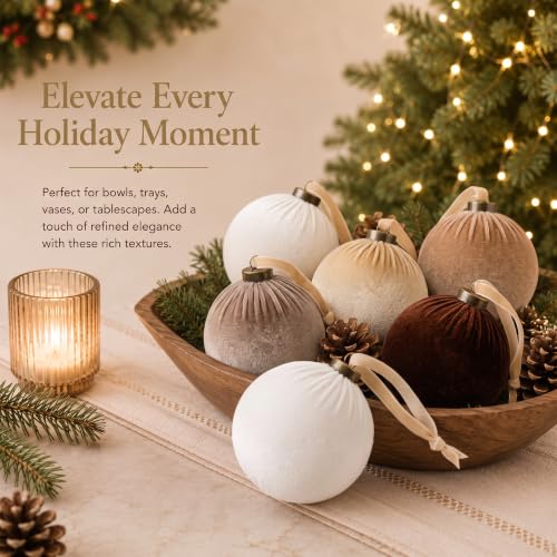 Christmas Velvet Ball Ornaments - Beige, Light Brown & Dark Brown, 4 Inches, 6 Pack