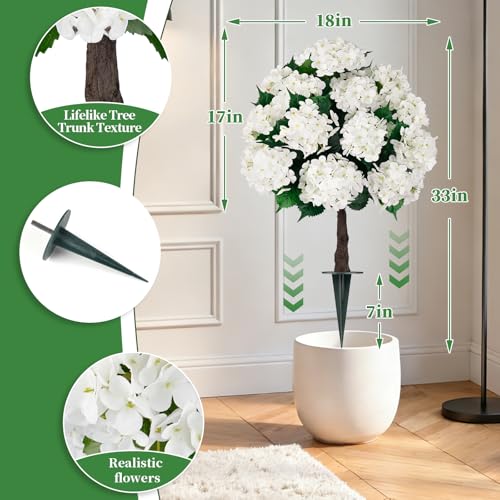 33" Artificial Hydrangea Topiary Ball Trees - 2 Pack UV Resistant Faux Shrubs