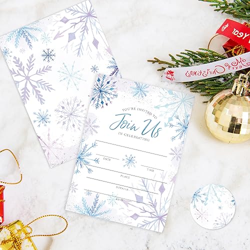 Winter Snowflake Invitation Cards Set with Envelopes & Stickers - 20 Pack, 5x7 Inch for Christmas Weddings & Parties