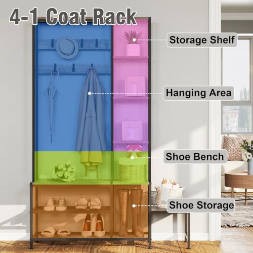 Industrial Hall Tree with Shoe Storage Bench and 7-Hook Coat Rack - Grey