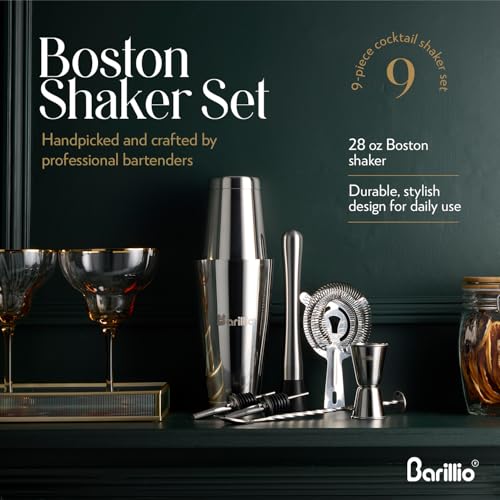 Barillio Silver Weighted Boston Cocktail Shaker Set with Strainer & Accessories - 9-Piece Bar Tool Kit for Home Mixology