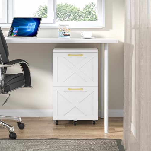2-Drawer Rolling File Cabinet, Farmhouse Under Desk Printer Stand - White
