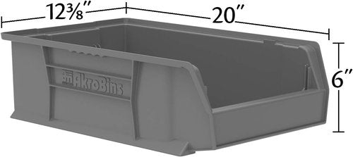 Akro-Mils Super-Size Plastic Storage Bins - Space-Saving Stackable Organizers | 20" L x 12" W x 6" H, Grey, 4-Pack