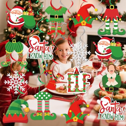 HigzYovn 12 Pcs Elf Christmas Decorations - Santa I Know Him Theme (Pink) Hanging Swirls