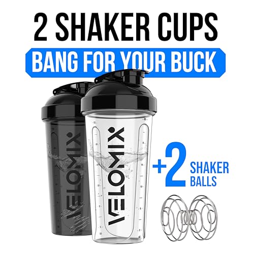 VELOMIX 2 Pack 28oz Protein Shaker Bottle with Wire Whisk, Leak Proof Gym Cup