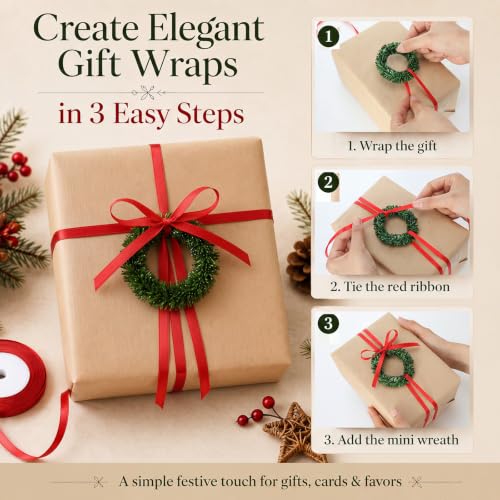 Yunlly 14 Pcs Mini Christmas Wreath Gift Wrapping Set - Plain Wreath & Red Ribbon