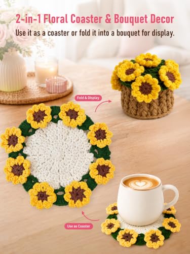 Sunflower Crochet Flower Coasters 4-Piece Set - Cotton Home Decor Gift