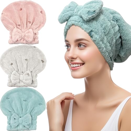 Jseng 3-Pack Microfiber Hair Towels for Women - Dusty Pink, Light Gray, Mint Green - Quick-Drying & Soft Hair Wraps with Bow Design