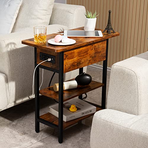 Narrow End Table with Charging Station & Flip Top Storage Shelves