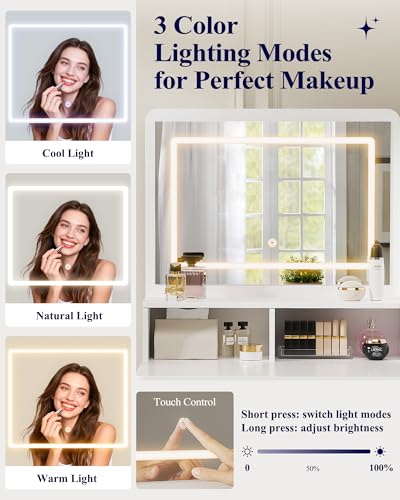 White Makeup Vanity Desk with Lighted Mirror and 4 Storage Drawers