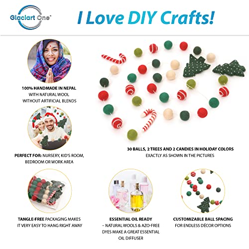 Christmas Felt Ball Garland with Trees & Candy Canes - 7ft Holiday Decor, Handmade Wool, Kids Room & Living Room