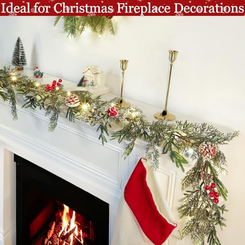 TURNMEON 6FT Flocked Cedar Garland with Lights Timer Prelit Christmas Decor