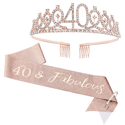 CIEHER 40th Birthday Crown and Sash Set for Women Rhinestone Tiara