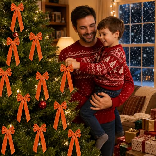SiplyHaven 12 Pack Orange Velvet Christmas Bows - 5x10 Inch Pre-Tied Holiday Decor