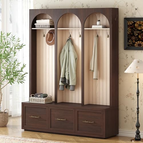 Farmhouse Hall Tree with Shoe Bench, 3 Drawers and 8 Coat Hooks, Walnut