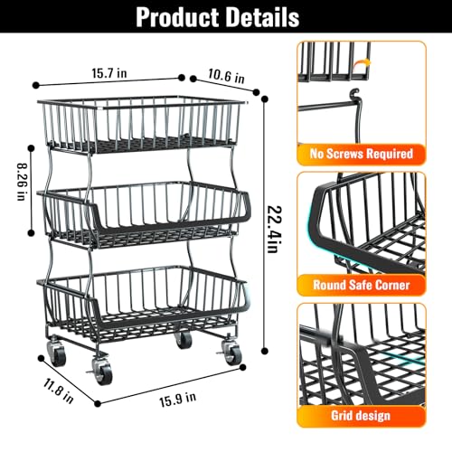3-Tier Rolling Pantry Organizer Cart with Stackable Wire Fruit Baskets