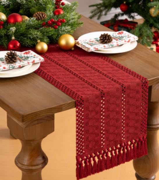 MLMW Boho Red Table Runner 12 x 48in Farmhouse Burlap, Dresser/Accent