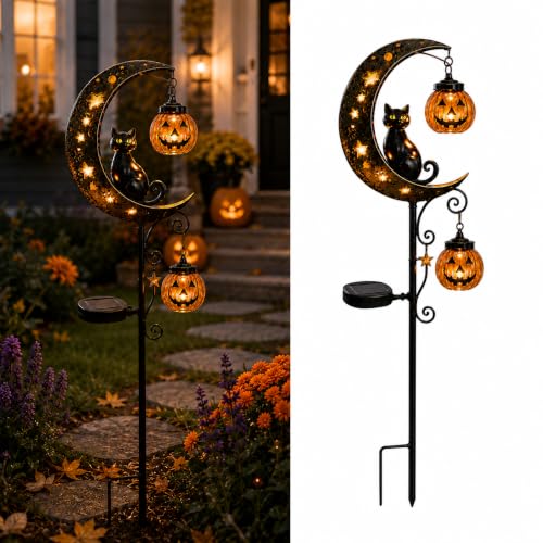 Solar Halloween Black Cat and Pumpkin Moon Garden Stake Light