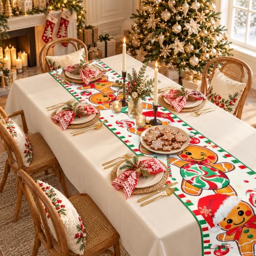 FreeNook Gingerbread 13x90 Inch Table Runner - Faux Linen Christmas Decor, 13" x 90"