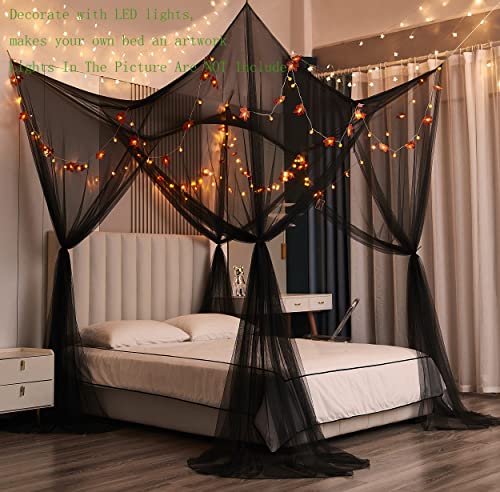 Black 4-Corner Bed Canopy Curtains for Full, Queen, and King Beds