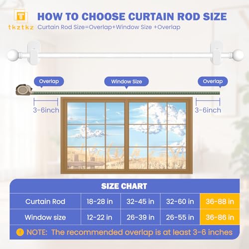 TKZTKZ No Drilling Curtain Rod with Adhesive Brackets, Adjustable 36-88" White (Fits Windows 26-86")