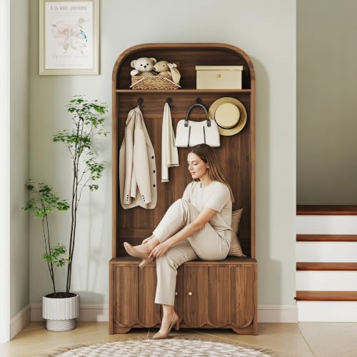 Narrow Hall Tree with Storage Bench and Shoe Cabinet, Walnut Finish