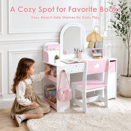 Kids Wooden Vanity Table and Chair Set with 3-Color Lighted Mirror