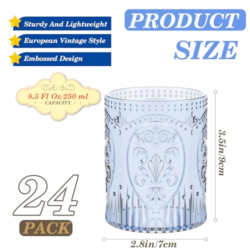 Qinyoung Blue Vintage Plastic Wine Glasses Set of 24 8.5oz/250ml - Reusable Party Drinkware