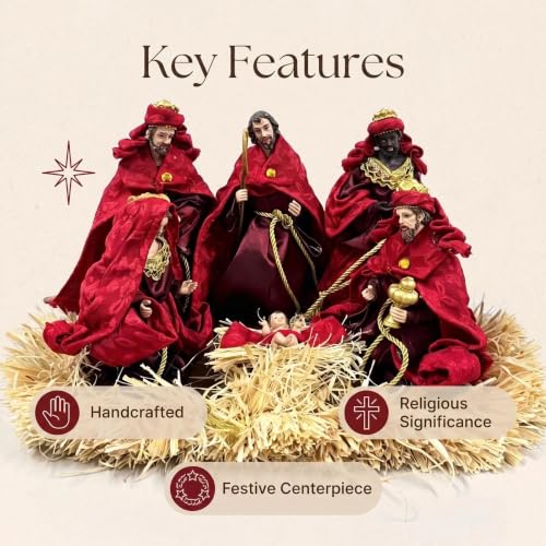 Oeihuivt Handmade Resin Nativity Scene Holy Family Christmas Decor - Red-6