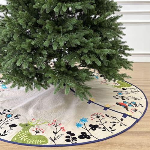 Starry Dynamo 60-Inch Woodland Creatures Embroidered Christmas Tree Skirt, Linen Texture