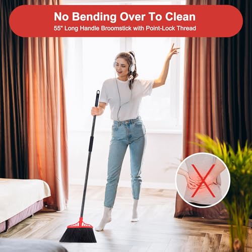 Heavy Duty Commercial Indoor & Outdoor Broom with 55" Handle, Stiff Bristles