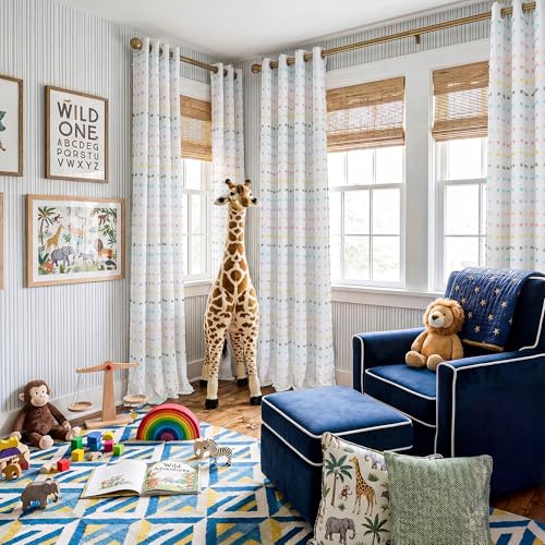 Rainbow Pom Pom Blackout Curtains, Double Layer Tulle Window Drapes, 52x84
