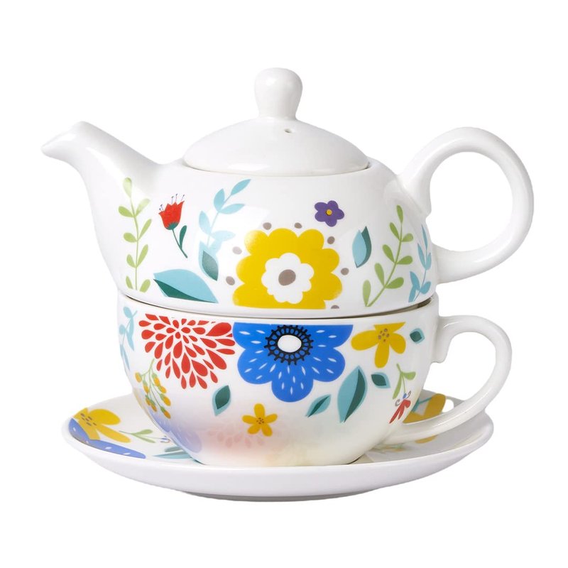CHILDIKE Tea for One Set, Porcelain Teapot for One and Cup Set, Tea Set for One, Floral Tea Set for Gift, Women, Garden Spring