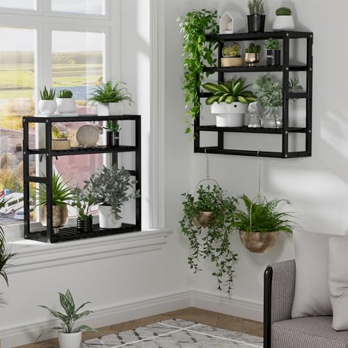 PPN Adjustable Bamboo Bathroom Wall Shelf with Towel Bar - Black Floating Rack
