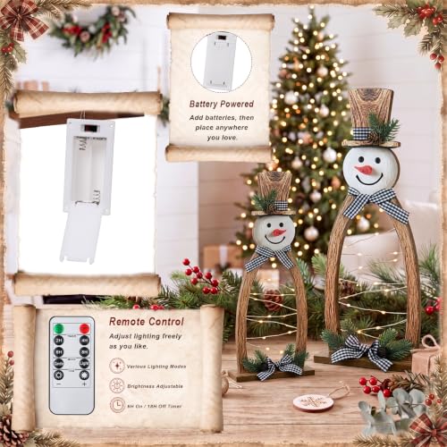Christmas Snowman Decor Set with LED Lights - Rustic Wooden Tabletop Holiday Figurines