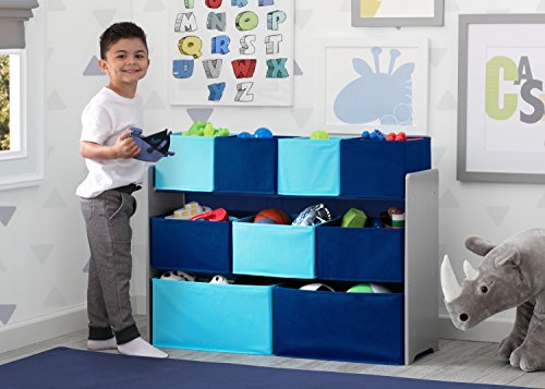 Deluxe Multi-Bin Kids Toy Organizer with 9 Fabric Bins - Grey & Blue
