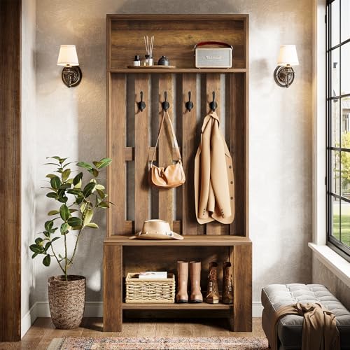 Rustic Hall Tree with Shoe Bench and Coat Hooks, 71-inch Entryway Organizer