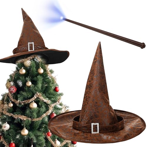 Wizard Hat Christmas Tree Topper with Light-Up Wand – 16.7in/41cm Brown