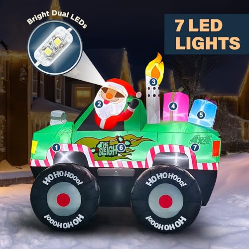 7 ft Santa Monster Truck Inflatable Yard Decor for Christmas Outdoor Garden