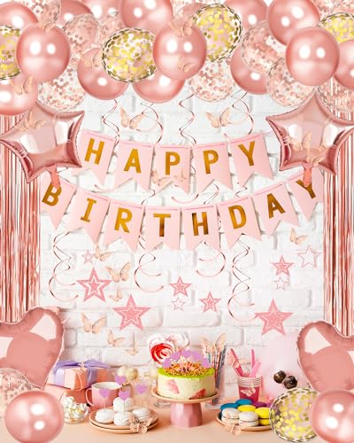 Rose Gold Happy Birthday Decoration Set with Foil Curtains and Balloons